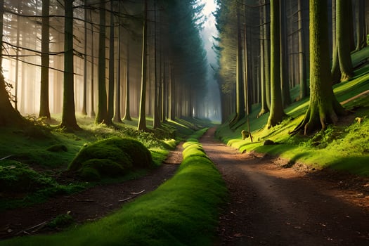 a dirt road in the middle of a forest. AI-Generated photo