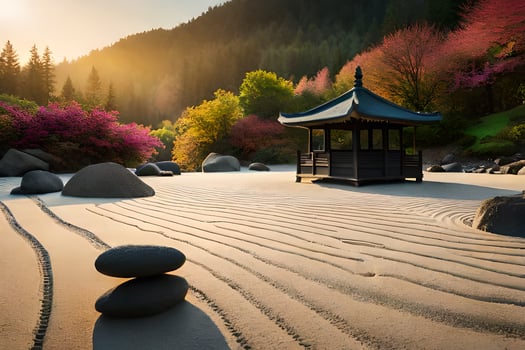 a pagoda sits in the sand with rocks and trees. AI-Generated photo