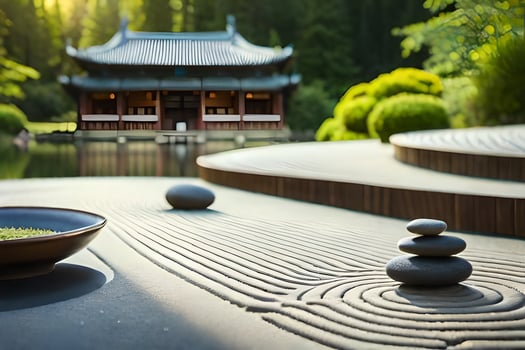 a zen garden with stones and a pond. AI-Generated photo