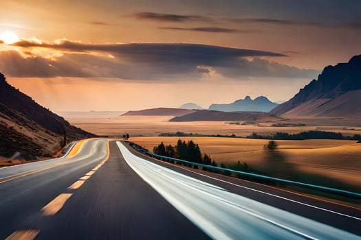 a long road with a sunset in the background. AI-Generated photo