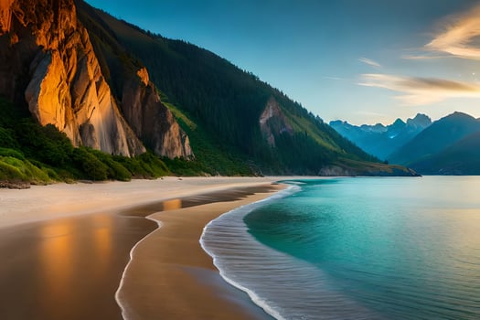 the beach and mountains at sunset. AI-Generated photo