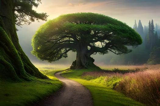 a tree stands alone in the middle of a field. AI-Generated photo