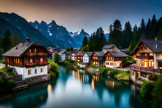 photo wallpaper mountains, the night, the river, the houses, the mountains, the lake,. AI-Generated