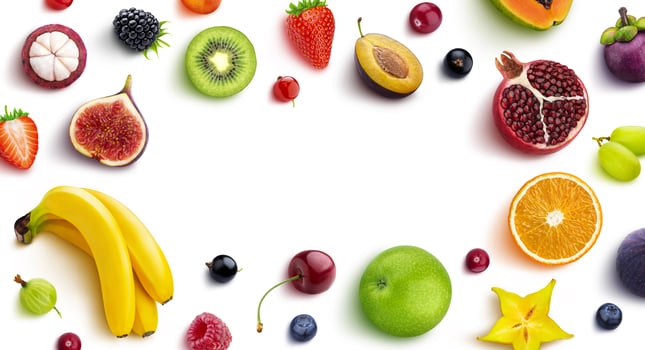 Frame made of different fruits and berries, flat lay, top view photo