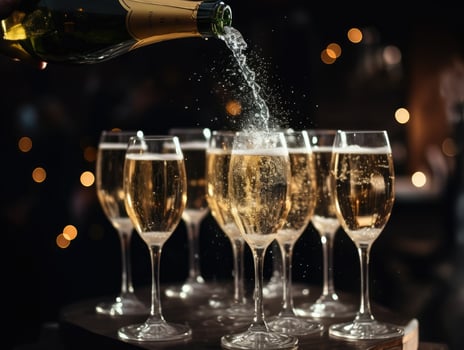AI Generated Ai generation. Champagne pouring into glasses on blurred background with bokeh effect. photo