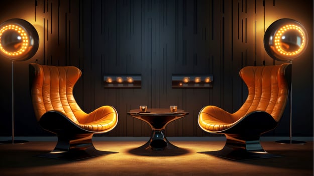 Modern living room with wooden geometric wall, Generative AI photo