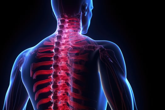Human skeleton anatomy - part of the human body. 3D illustration, Male Hurt Backbone Vertebrae Pain, 3d, AI Generated photo