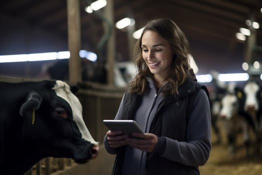 woman holding a tablet to check production in a cattle farm with Generative AI photo