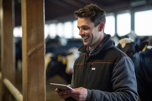 a man holding a tablet to check production in a cattle farm with Generative AI photo