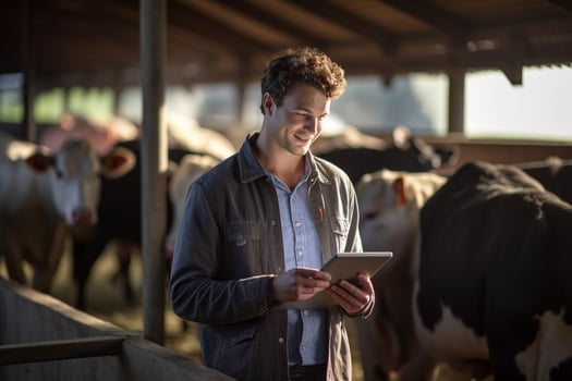 a man holding a tablet to check production in a cattle farm with Generative AI photo