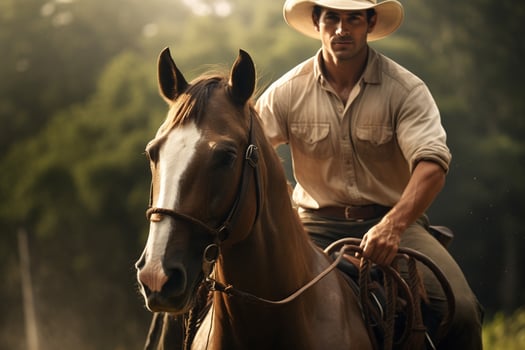 A male farmer is riding a horse in the forest in the daytime with Generative AI photo