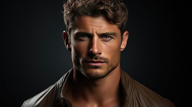 Handsome male clothing model in brown leather jacket photo