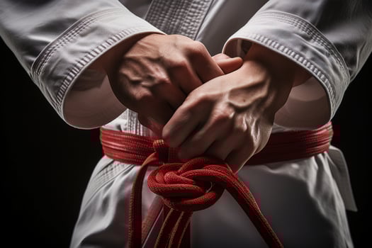 Mid section of male martial artist wearing red obi belt, AI Generative photo