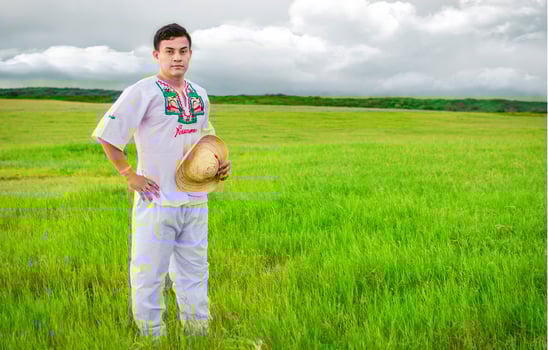 Man wearing Central American folk costume, Young man in cultural and folk costume from Nicaragua. Concept of man in Nicaraguan folk costume, Nicaraguan man in folk costume in the field photo