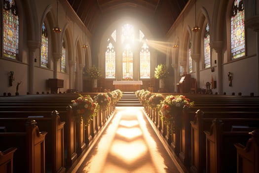 Interior of a church with a lot of flowers in the foreground.Funeral concept AI generated photo