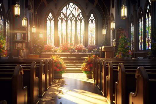 Interior of a church with a lot of flowers in the foreground.Funeral concept AI generated photo
