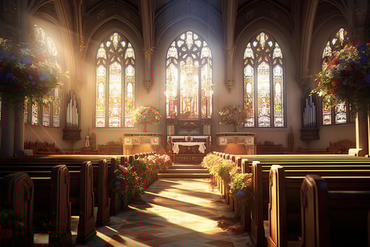 Interior of a church with a lot of flowers in the foreground.Funeral concept AI generated photo