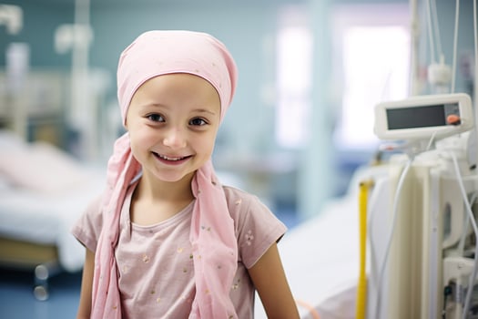 Happy cancer patient. Smiling girl after chemotherapy treatment at hospital oncology department. Leukemia cancer recovery. Cancer survivor. Smiling bald cute girl with a pink headscarf. Generative AI. photo