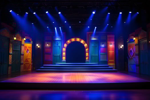Theater stage light background with spotlight illuminated the stage for opera performance. Stage lighting. Empty stage with bright colors backdrop decoration. Entertainment show. Generative AI. photo