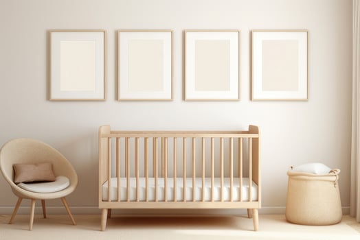 Cozy interior of a children's bedroom with paintings on the wall, an armchair. .AI-generated content. photo