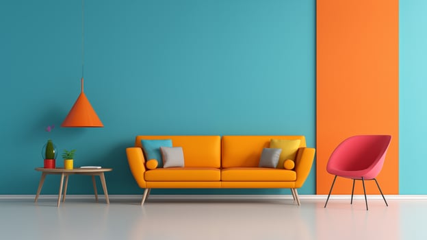 a bright orange and blue living room with orange furniture. AI-Generated photo