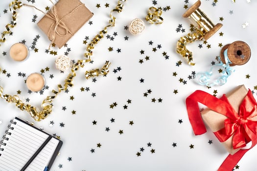 Christmas or New Year planning background in Gold Tones. Prepare to winter holidays. Top view, flat lay. photo