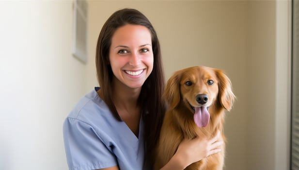 Veterinarian Embracing Golden Retriever in Clinic. AI Generated. photo