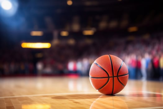 Basketball ball on court with stadium background. Generative AI photo