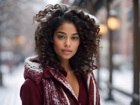 Ai generative Portrait of beautiful African american female model wearing winter clothing style under falling snow, fashion background, banner, template photo