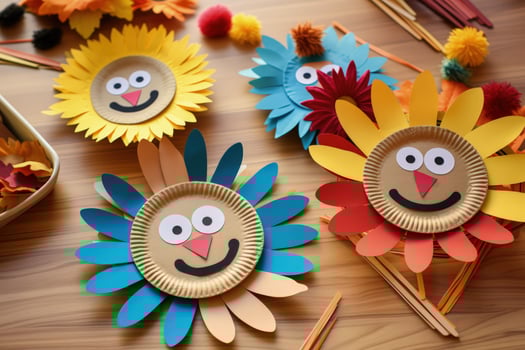 Childrens DIY Thanksgiving Crafts highlighted in cheery apple red playful sunflower yellow gentle marine blue and eco friendly cardboard brown tones photo