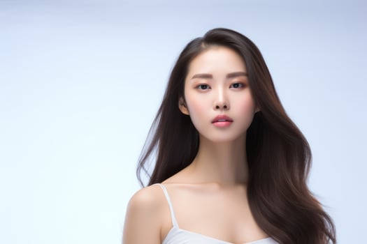 Young Asian beauty woman with long dark hair in white tank top with pastel Korean makeup and perfect skin on white background with copy space. For advertising, banner, poster. AI generated photo