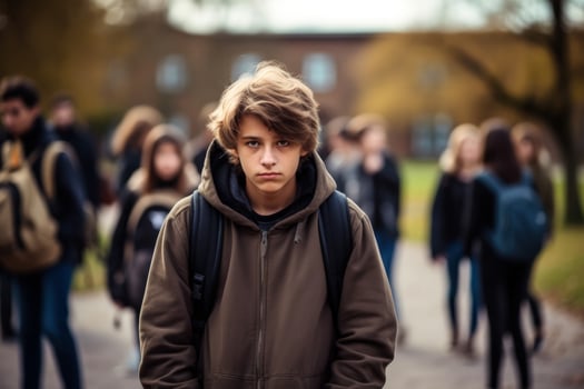Teenager isolated displaying sadness amidst lively school surroundings photo