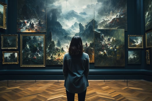 Visitor in art gallery silently battling depression amid masterpieces photo