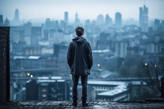 Lonely adult male in gritty cityscape background with empty space for text photo