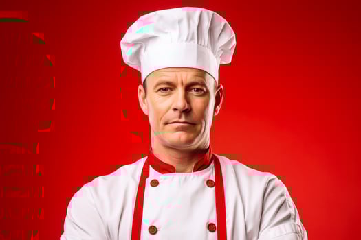 Dispirited chef in a professional kitchen isolated on a gradient background photo