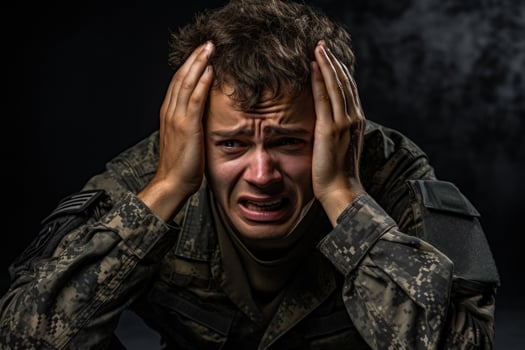 Soldier showing emotional distress in military environment isolated on a gradient background photo