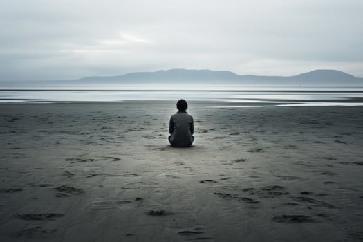 Distressed individual sitting alone displaying sadness on an eerily quiet beach photo