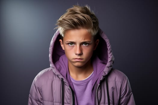 Teenager with gloomy expression in school hallway isolated on a gradient background photo