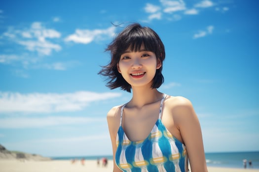 Beautiful young asian girl wearing summer dress in sunny day AI Generative photo