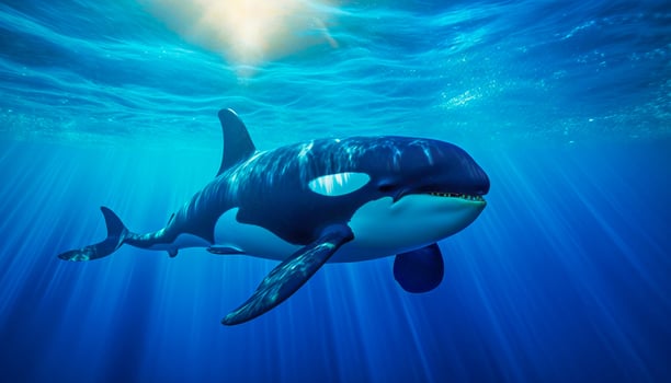 killer whale orcinus orca underwater close up looking for prey exposed to sunlight photo