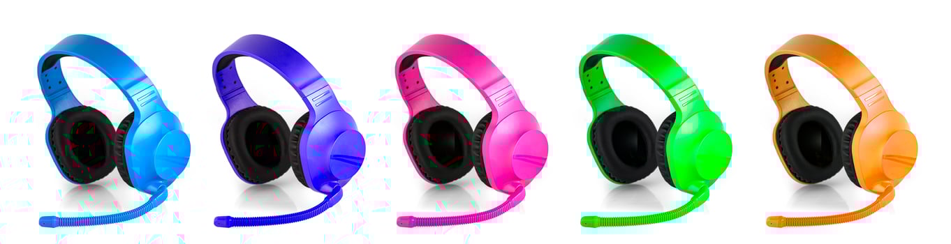 set of colored headset with microphone isolated over white photo