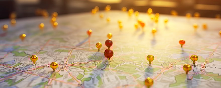 Find your way. Location marking with a pin on a map with routes. Adventure, discovery, navigation, communication, logistics, geography, transport and travel theme concept background, Generative AI photo