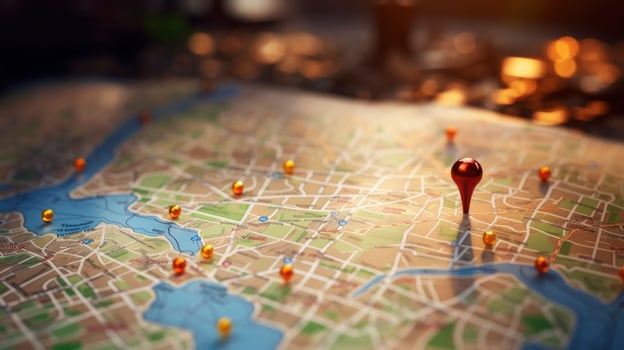 Find your way. Location marking with a pin on a map with routes. Adventure, discovery, navigation, communication, logistics, geography, transport and travel theme concept background, Generative AI photo