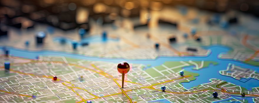 Find your way. Location marking with a pin on a map with routes. Adventure, discovery, navigation, communication, logistics, geography, transport and travel theme concept background, Generative AI photo