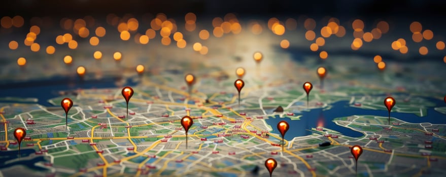 Find your way. Location marking with a pin on a map with routes. Adventure, discovery, navigation, communication, logistics, geography, transport and travel theme concept background, Generative AI photo