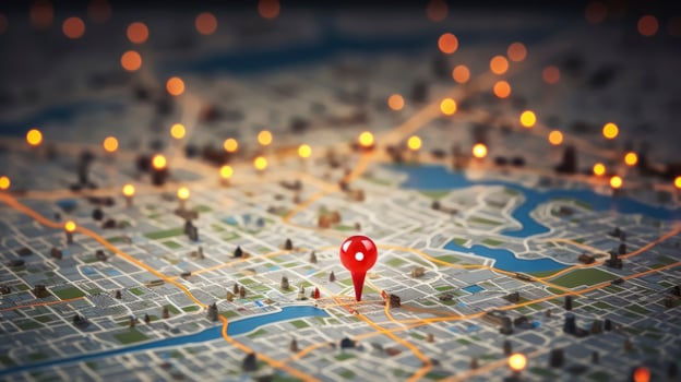 Find your way. Location marking with a pin on a map with routes. Adventure, discovery, navigation, communication, logistics, geography, transport and travel theme concept background, Generative AI photo
