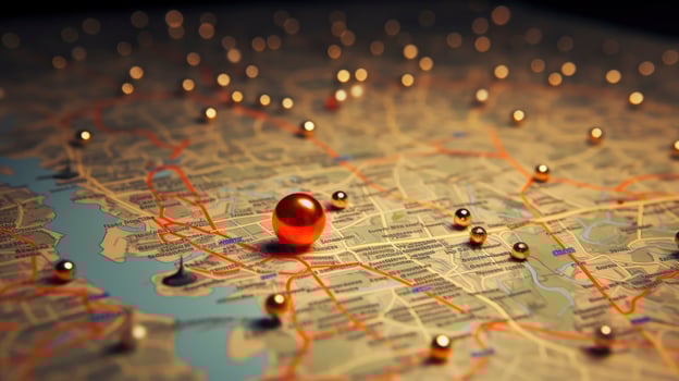 Find your way. Location marking with a pin on a map with routes. Adventure, discovery, navigation, communication, logistics, geography, transport and travel theme concept background, Generative AI photo