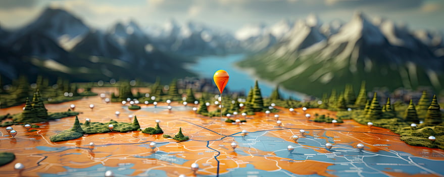Find your way. Location marking with a pin on a map with routes. Adventure, discovery, navigation, communication, logistics, geography, transport and travel theme concept background, Generative AI photo
