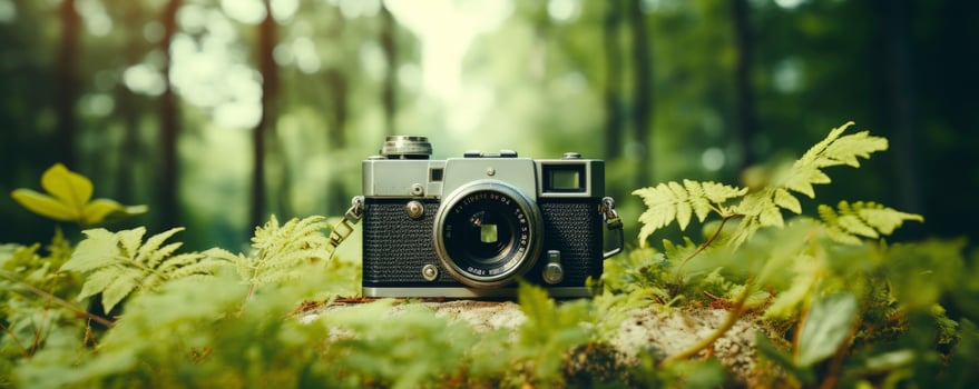 film camera with nature background, copy space, Generative AI photo