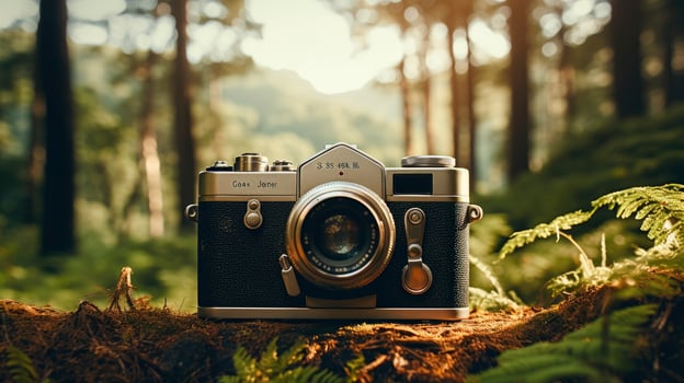 film camera with nature background, copy space, Generative AI photo